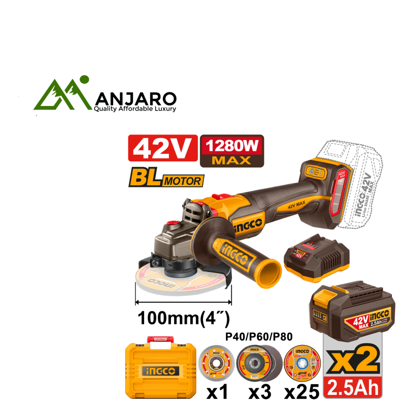 CAGLI4128112 Cordless Angle Grinder 42V – 1280W Brushless Power Tool with Dual 2.5Ah Batteries