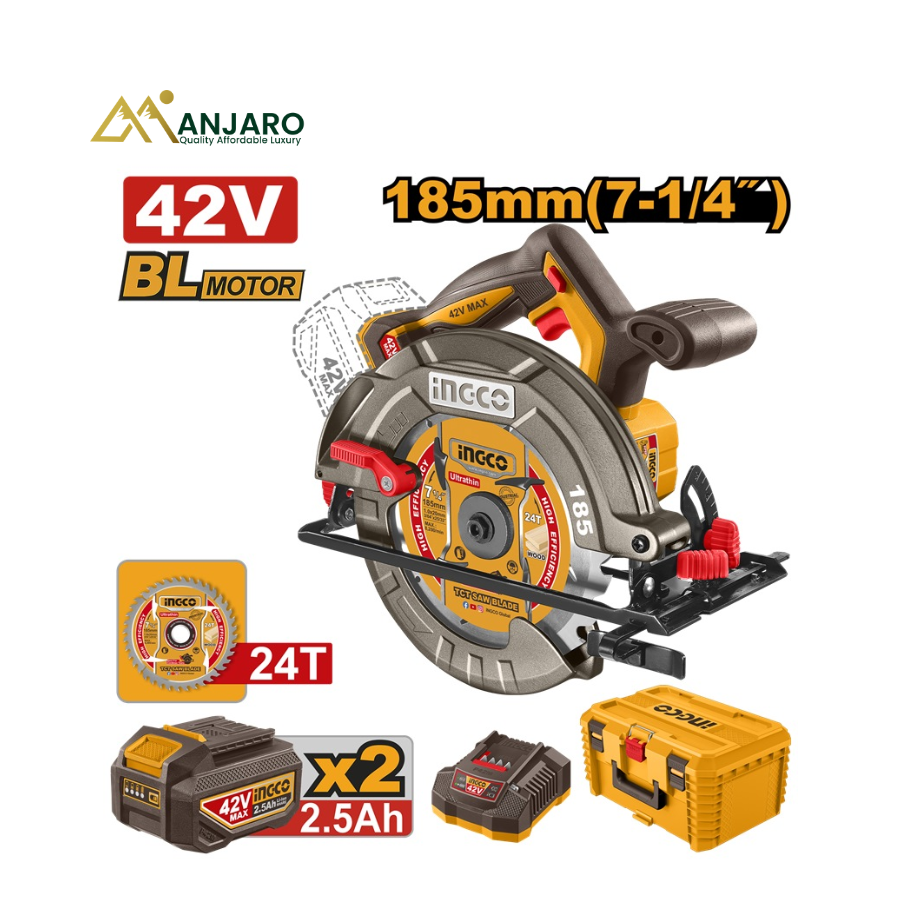 Ingco Brushless Cordless Circular Saw – 42V 185mm (7-1/4") Professional Wood Cutting Saw with Dual 2.5Ah Batteries CSLI4218512