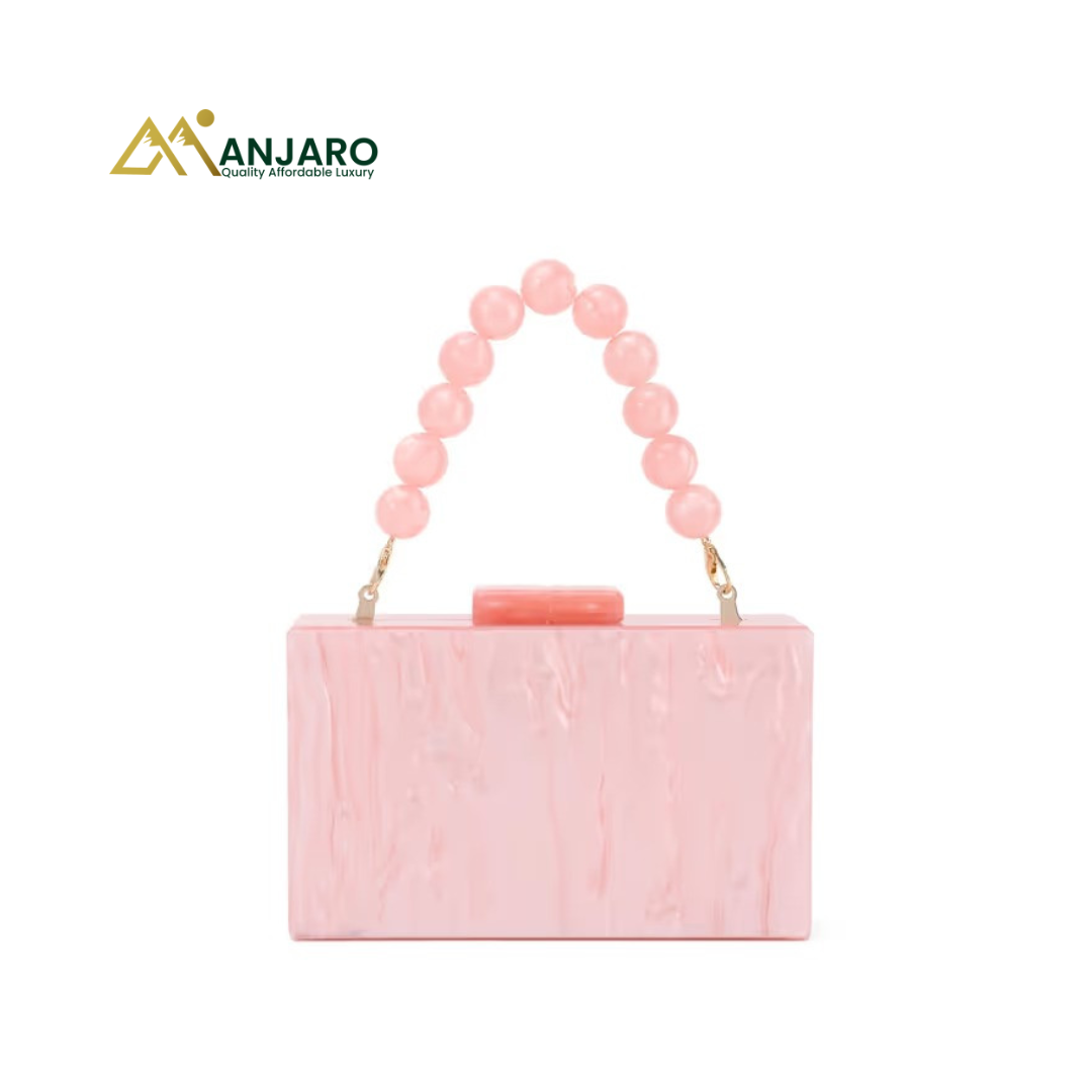 Elegant Pink Marble-Textured Acrylic Clutch with Bead Handle