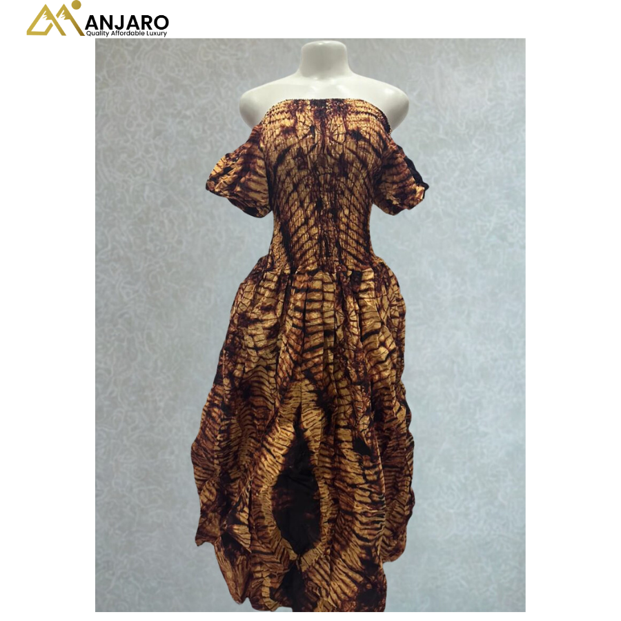 Off-Shoulder Smocked Maxi Dress – Brown & Gold Sunburst Tie-Dye