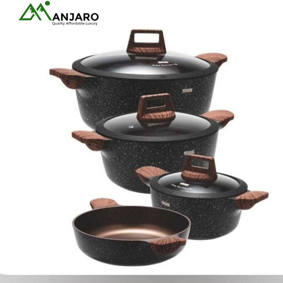 DSP Professional Granite Cookware Set – 4-Piece Non-Stick Casserole & Fry Pan Set with Glass Lids