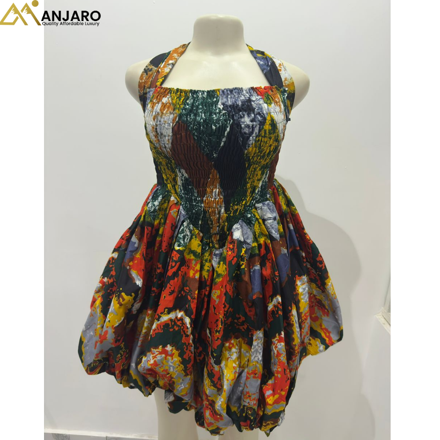 Bubble Hem Mini Dress – Multi-Color Earth Tone Abstract