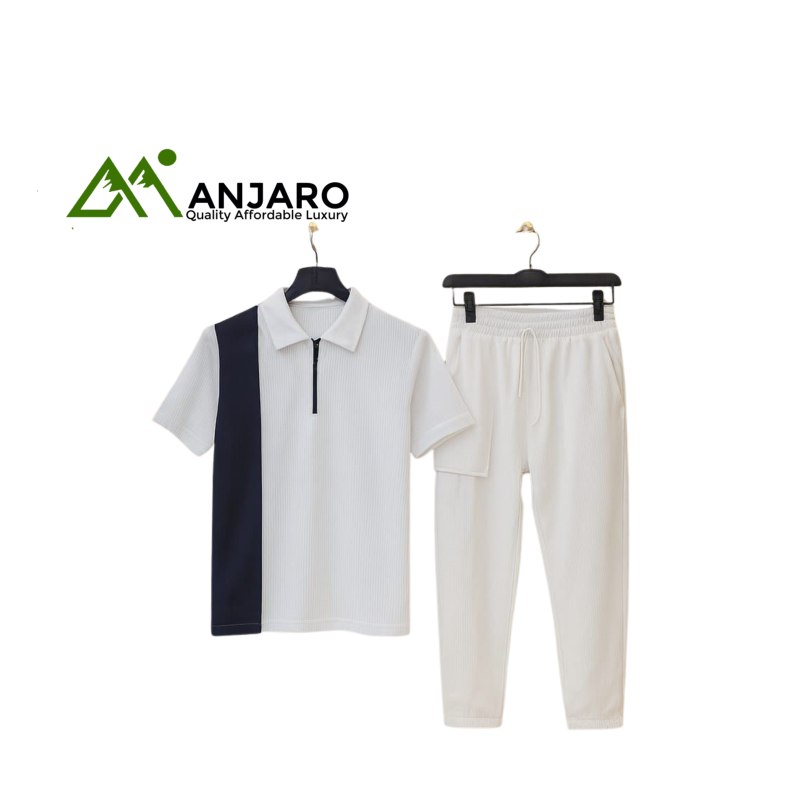 Men’s White & Dark Blue Polo Shirt and Jogger Set – Zipper Detail, Smart-Casual Comfort