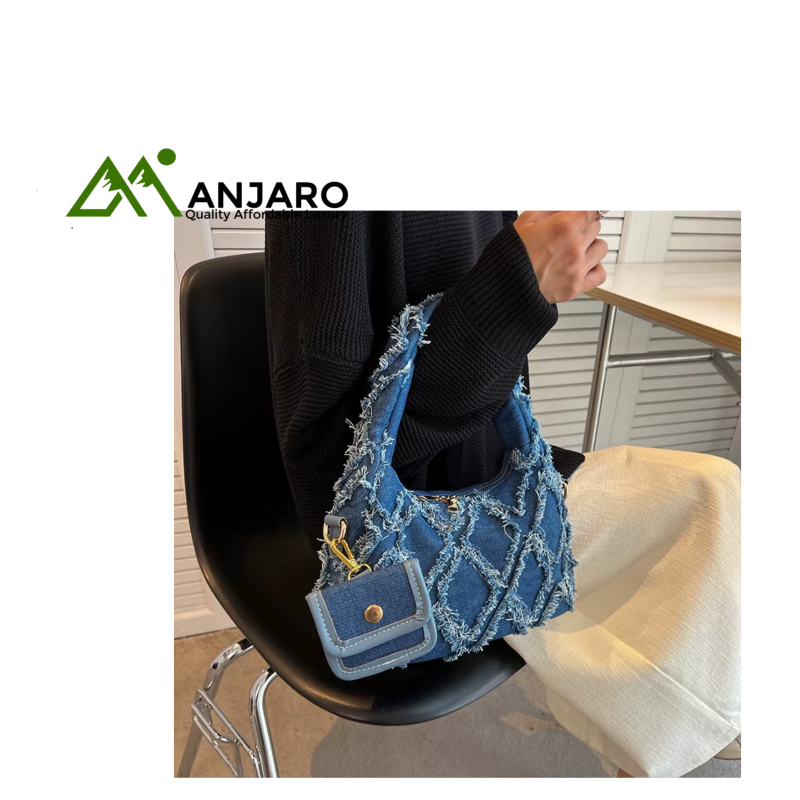 Tassel Ringer Denim Bag – Spring/Summer Fashion French Niche Handbag with Embroidery & Feathers