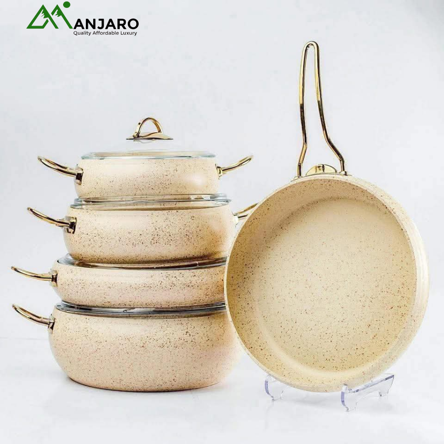 5-Piece Luxury Nonstick Marble-Coated Cookware Set | Gold-Toned Handles & Glass Lids | Cream/Beige Speckle Finish