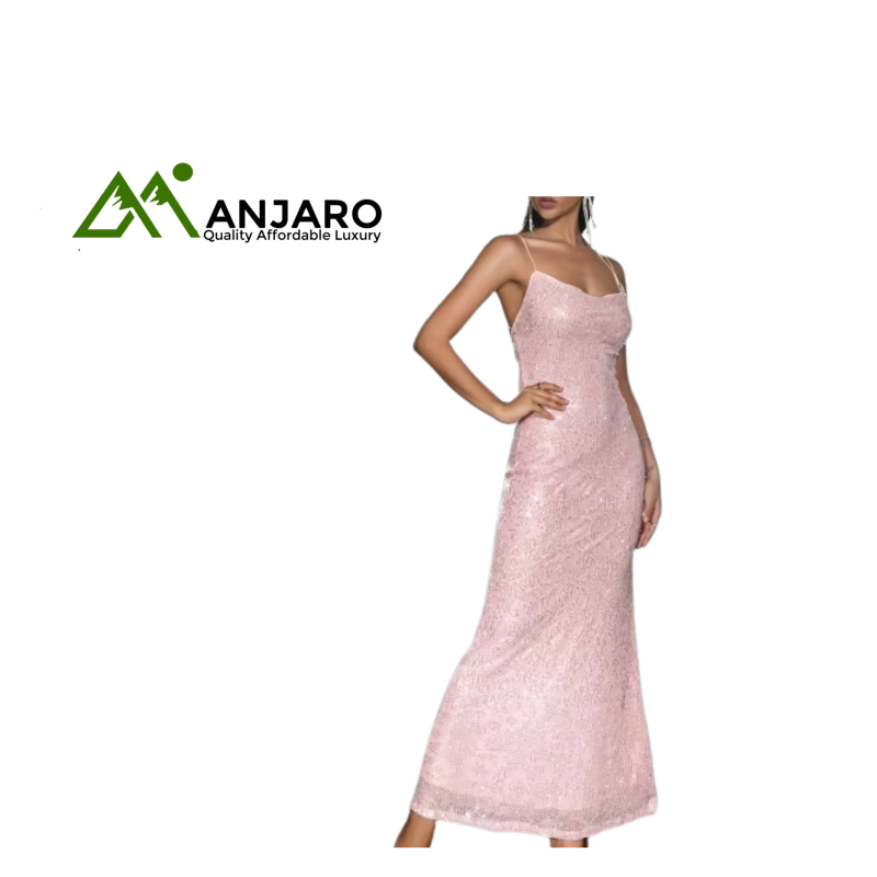 D&M Sequin V-Neck Backless Evening Gown – Elegant Floor-Length A-Line Dress (Sleeveless, Empire Waist)