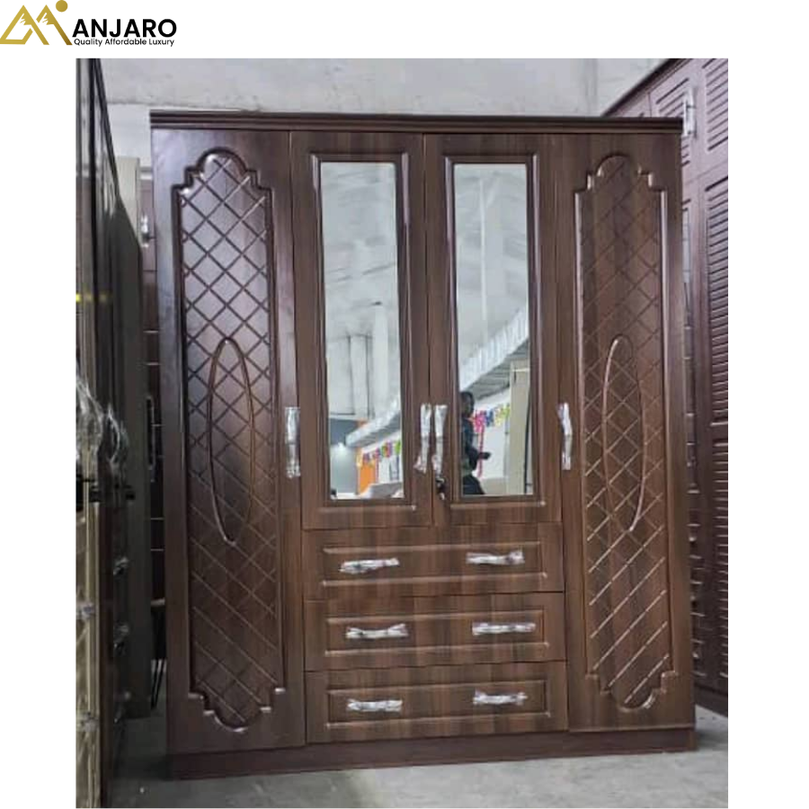 Classic Walnut 4-Door Wardrobe with Dual Mirrors and Triple Storage Drawers