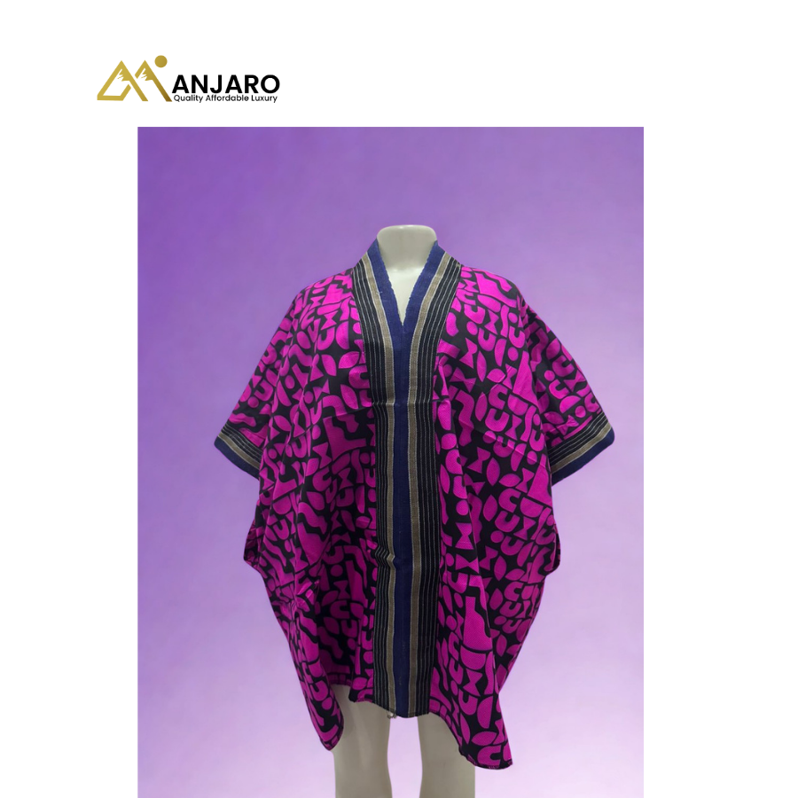 Neon-Typographic Silk-Sheen Bubu – Indigo Border & Magenta Fusion