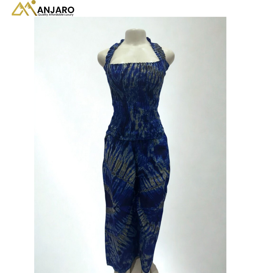 Smocked Two-Piece Set – Royal Blue & Earthy Grey Tie-Dye