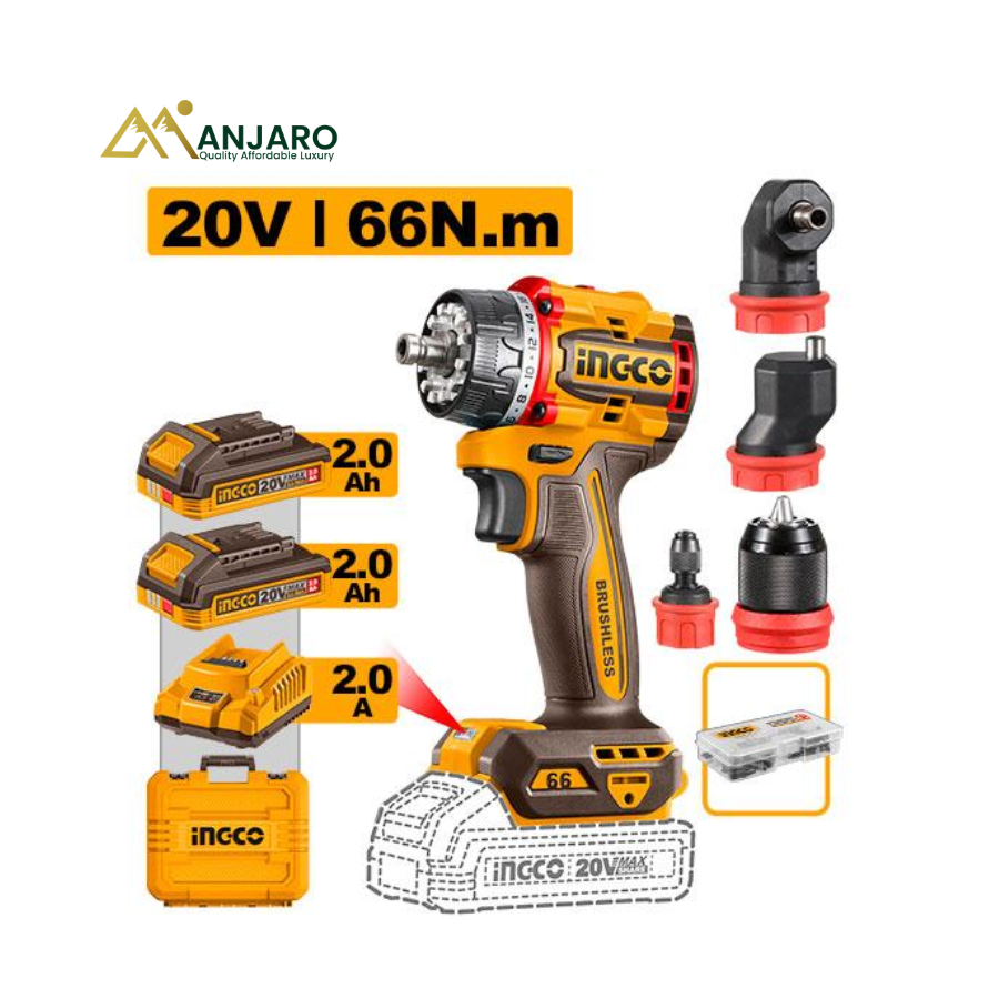INGCO 20V Brushless Cordless Multi-Head Drill Driver – 66Nm Torque with 4 Attachments CDLI206686