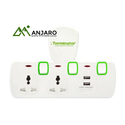 Terminator Multi Adaptor TMA 2T-2USB – 2-Way Universal T-Socket with USB, Individual Switches & 13A Plug
