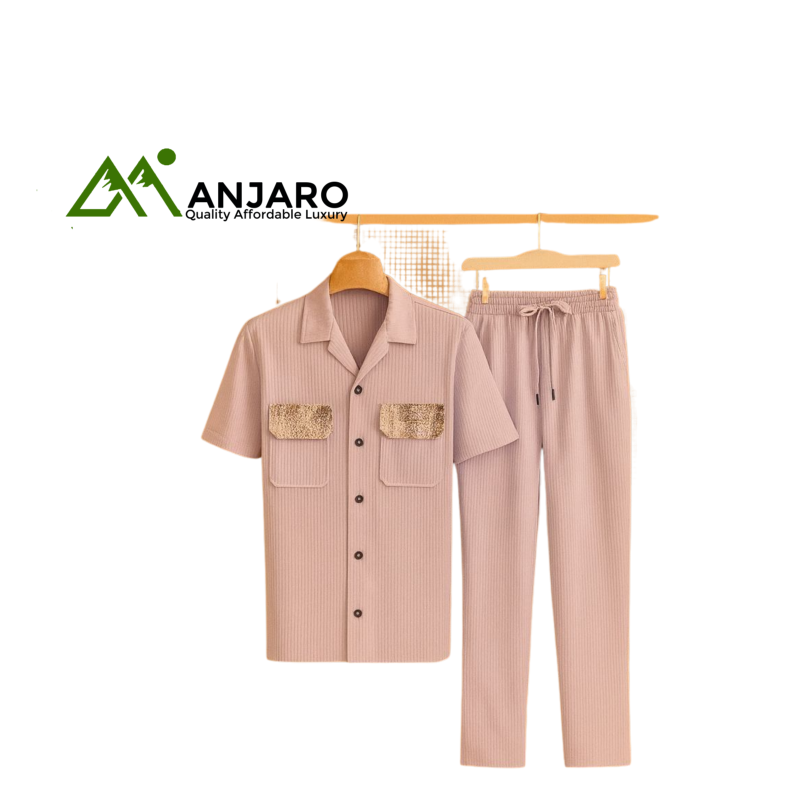 Perfectman Men’s Two-Piece Outfit – Short Sleeve Shirt & Pants Set with Sequin Pocket Detail, Lavender Comfort Fit