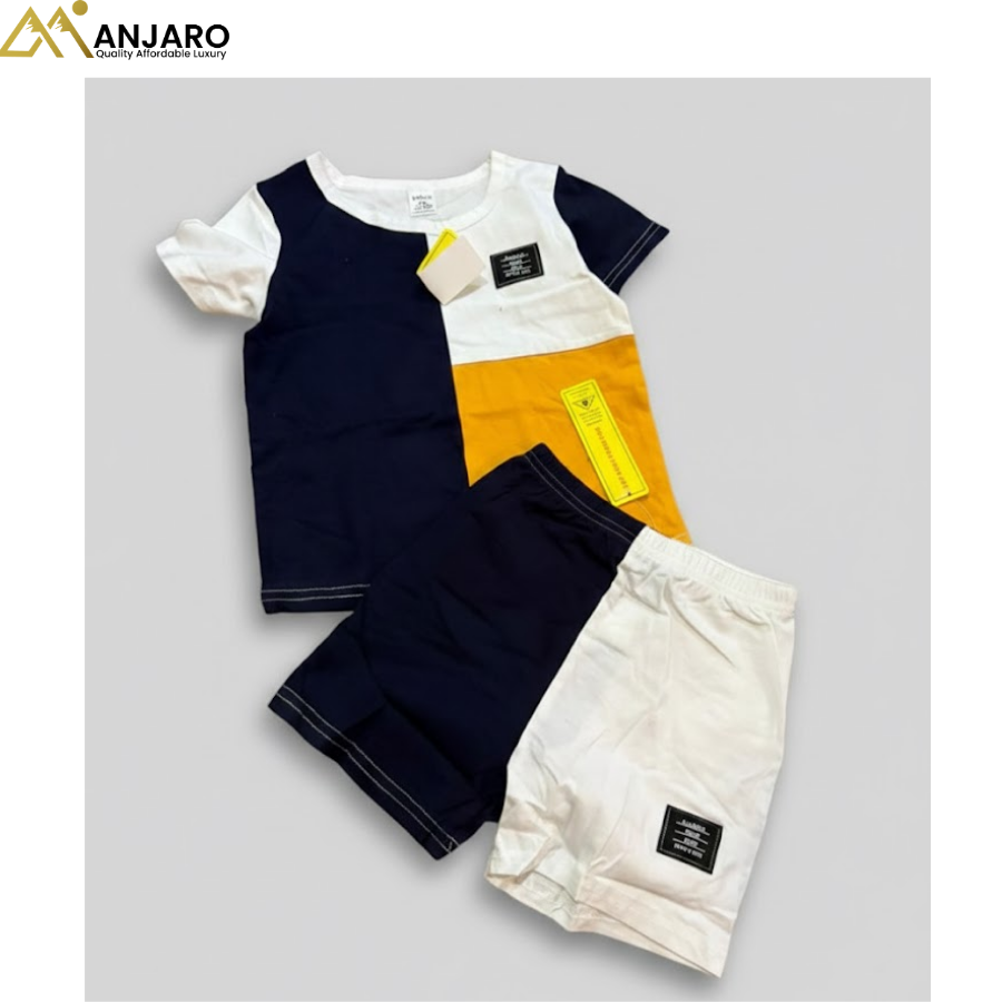 Baby Boys Color Block T-Shirt & Shorts Set – Navy, White & Mustard (12–24 Months)