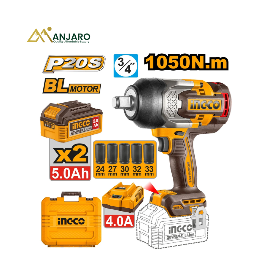 INGCO Cordless Impact Wrench – Brushless 20V 3/4" Drive – 1050Nm with 2 x 5.0Ah Batteries CIWLI20105