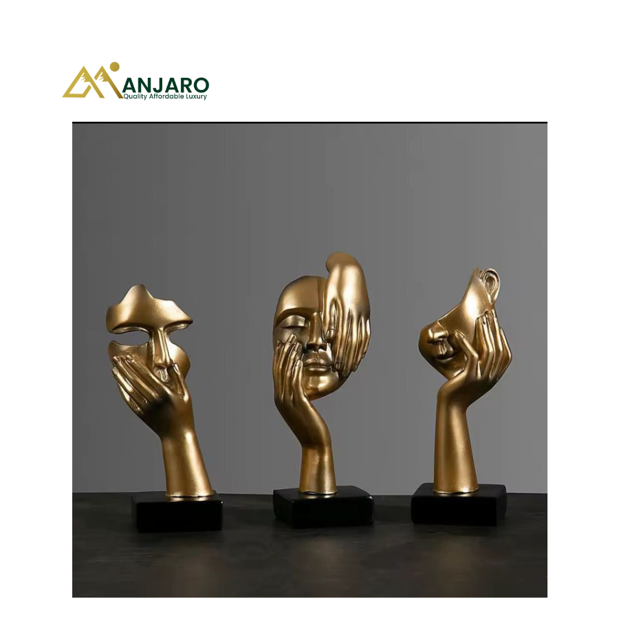 Abstract Thinking Face Gold Mask Sculpture – Surrealist Human Statue – 3-Piece Set