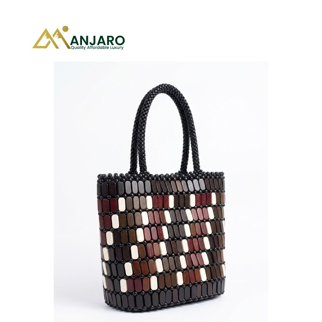 Artisan Earth-Tone Beaded Market Tote – Mahogany & Cream Fusion