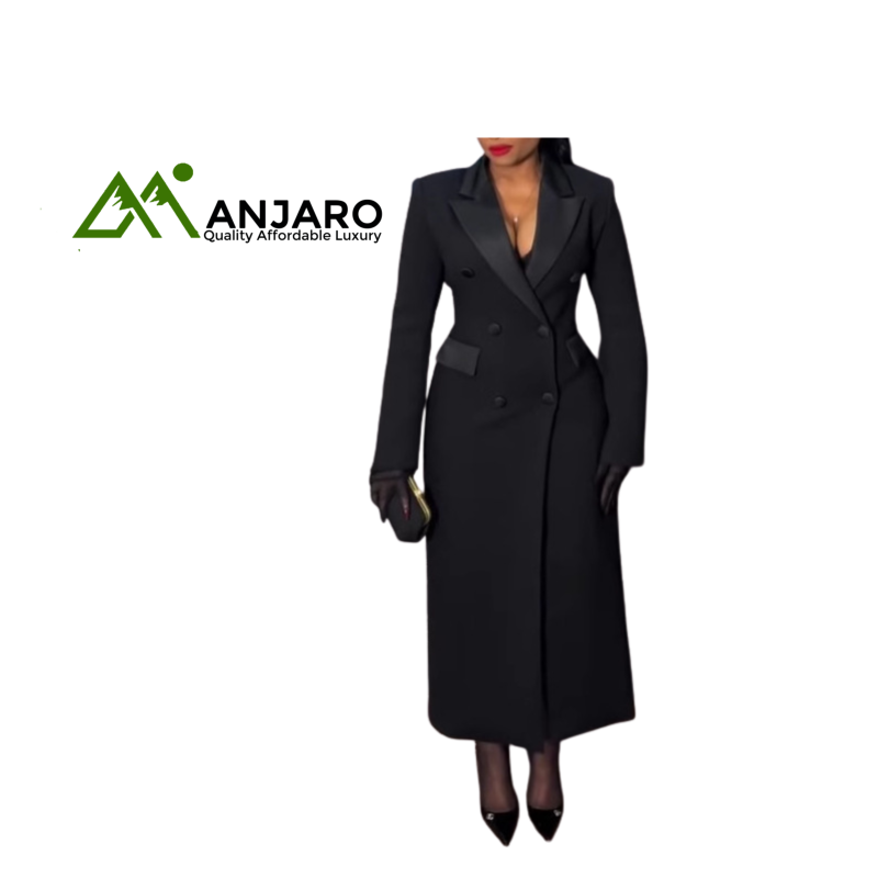 V-Neck Suit Coat Turndown Collar Waist-Hugging Long Dress with Pockets – Elegant Women’s Outerwear