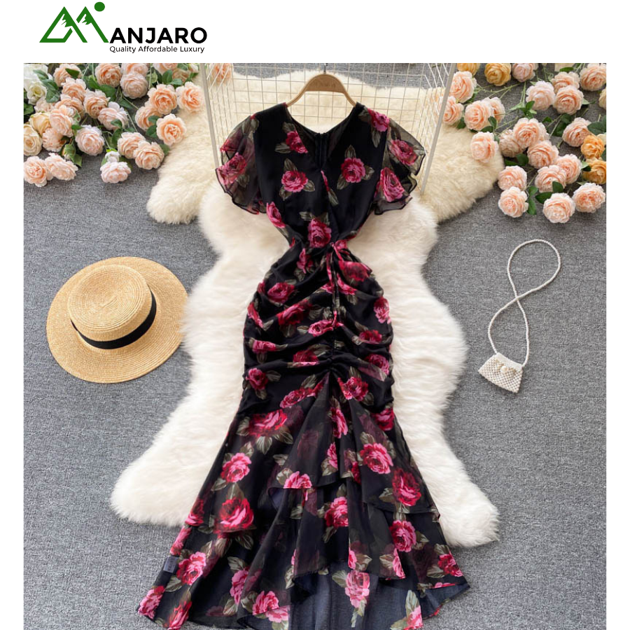 Light Luxury Chiffon Floral Ruffle Fishtail Dress – Elegant V-Neck Slimming High-Waisted Long Dress for Women(Shipping Fee Included)