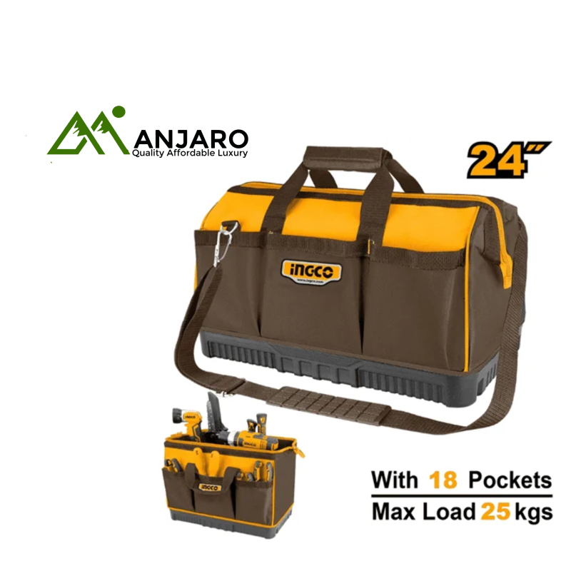 HTBG09 24" Heavy-Duty Tool Bag with Rigid Frame, Reinforced Base & Shoulder Strap (Max Load 25kg)