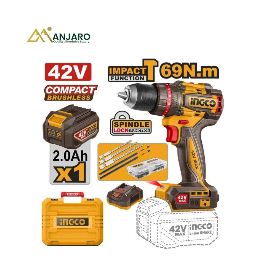 Ingco Compact Brushless Cordless Impact Drill – 42V 69Nm Heavy-Duty Hammer Drill Kit with 47 Accessories CIDLI426981
