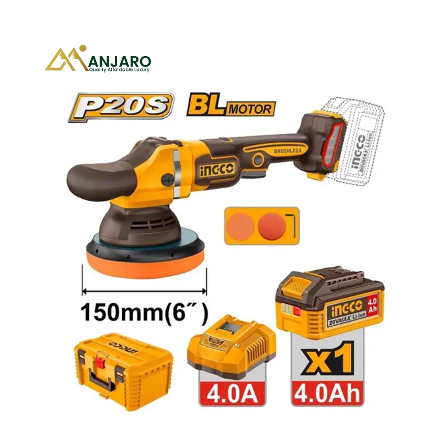INGCO 20V Brushless Cordless Polisher – 150mm Pad with 4.0Ah Battery & Charger APLI20158