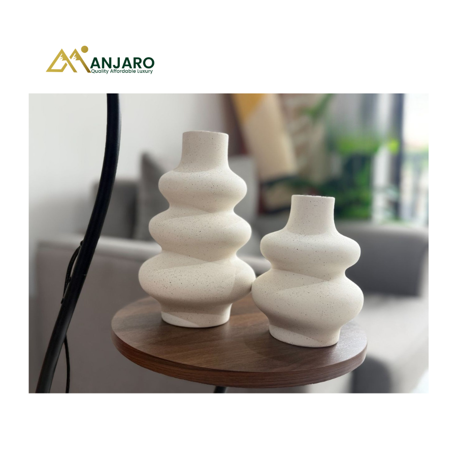 Ribbed Wavy Ceramic Vase Set – Off-White Speckled – 2-Piece