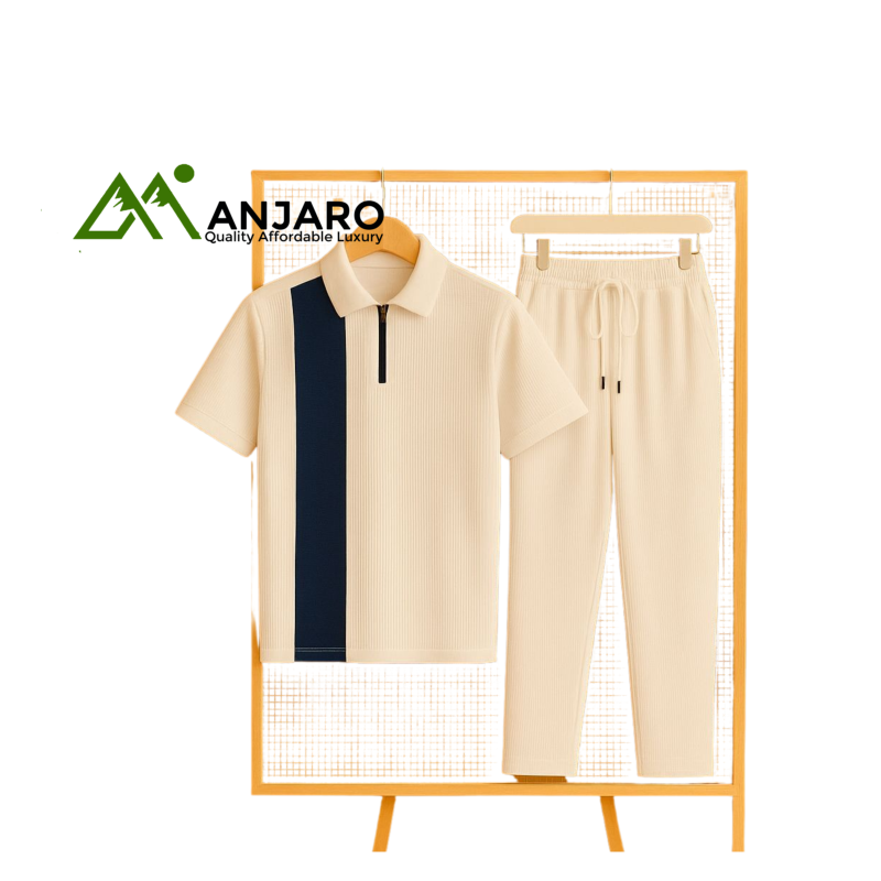 Perfectman Men’s Light Pink & Dark Blue Matching Set – Polo Shirt & Jogger Pants for Casual Comfort