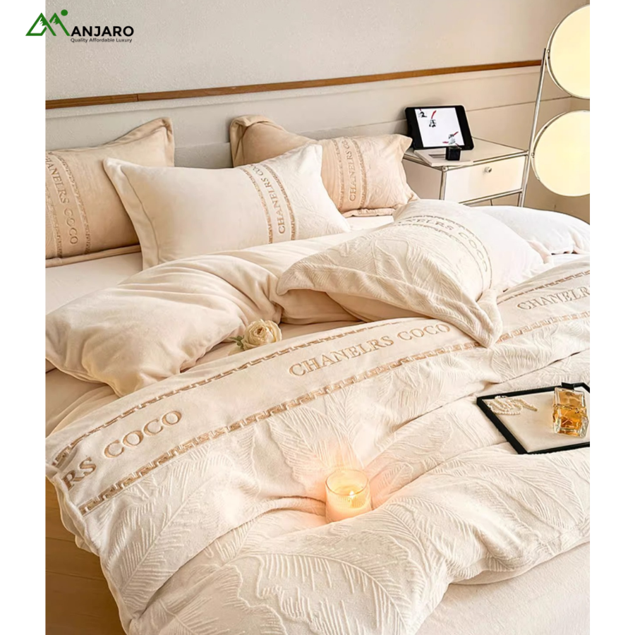 Light Luxury Carved Fleece Winter Four-Piece Bedding Set – Thickened Milk Coral Flannel Duvet Cover & Bed Sheet for Ultimate Warmth(shipping fee included)