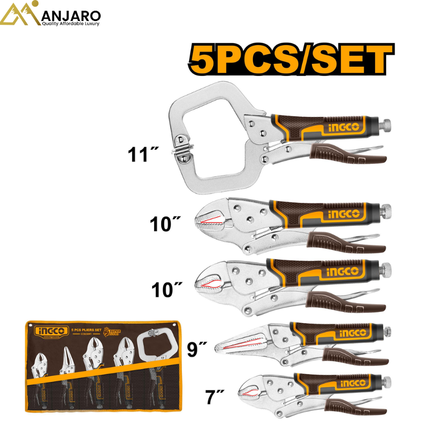 INGCO 5 Pcs Locking Pliers Set – Multi-Size Professional Grip Tools COS23091
