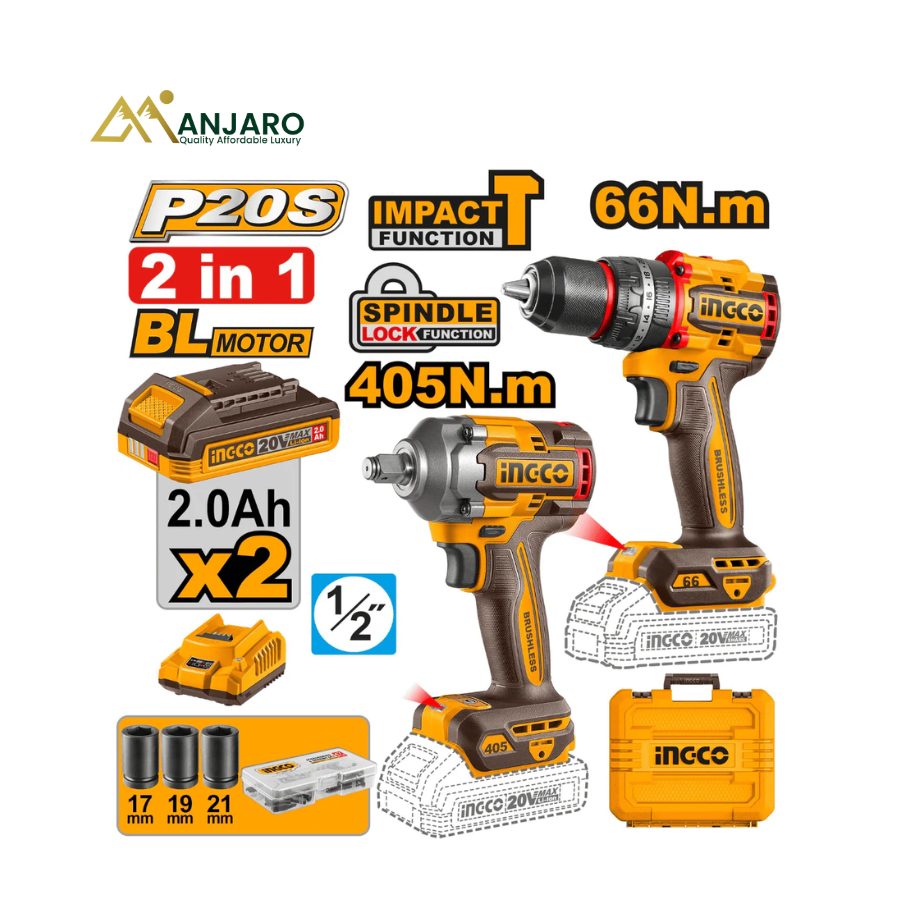 INGCO 20V Cordless Combo Kit – Brushless Impact Drill & Cordless Impact Wrench 2 Pcs Power Tool Set CKLI20286