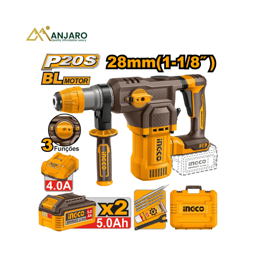 INGCO 20V Cordless Combo Kit – 3 Pcs Brushless Impact Drill, Angle Grinder & Rotary Hammer Set COSLI241198