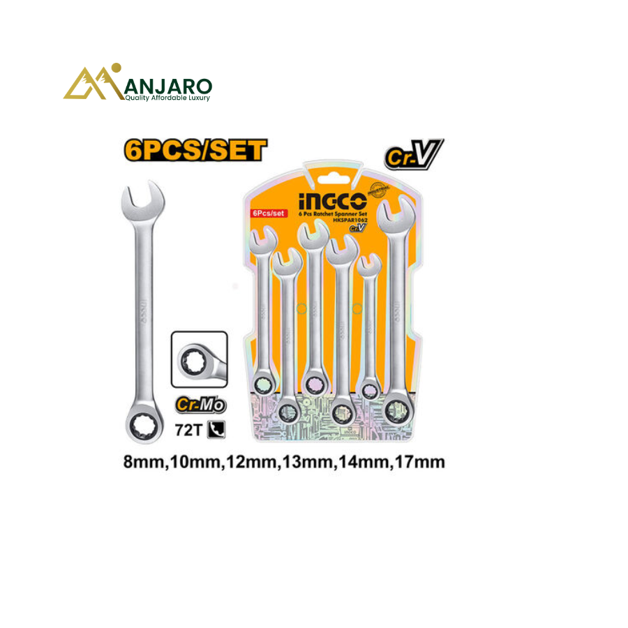 Ingco Ratchet Spanner Set – 6-Piece CR-V & CrMo Combination Wrench Set – 8mm–17mm HKSPAR1062