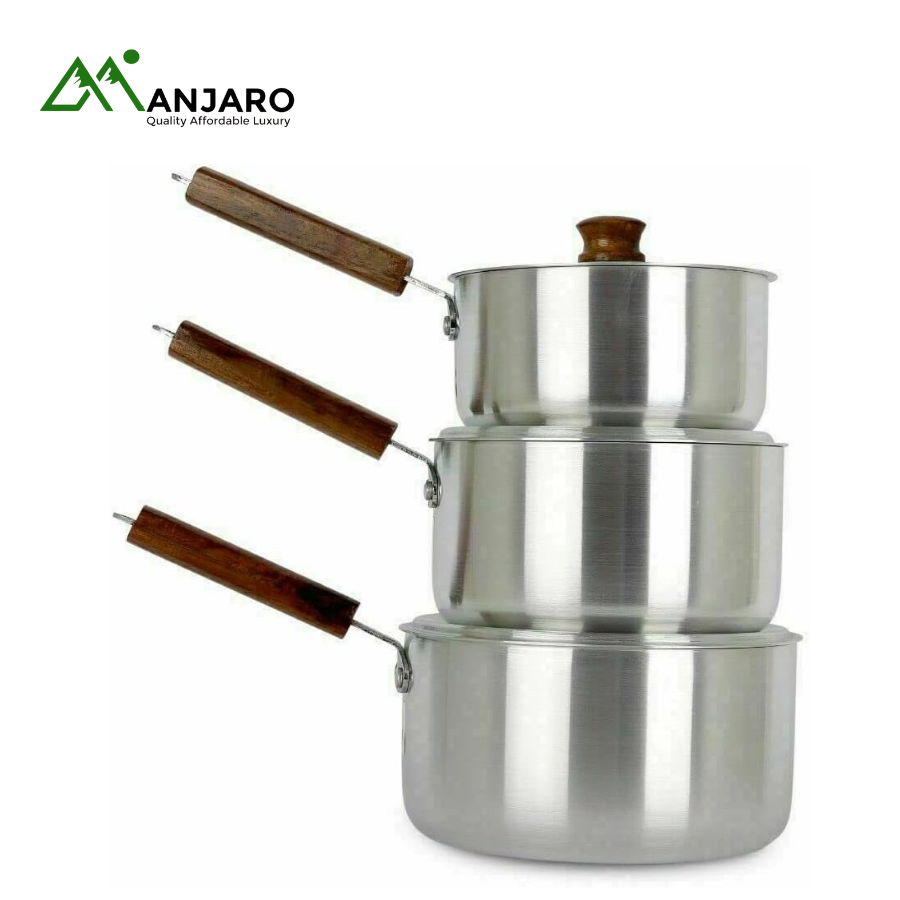 Sonex 3-Piece Aluminum Saucepan Set – Durable Metal Finish Cookware with Wooden Handles & Lids