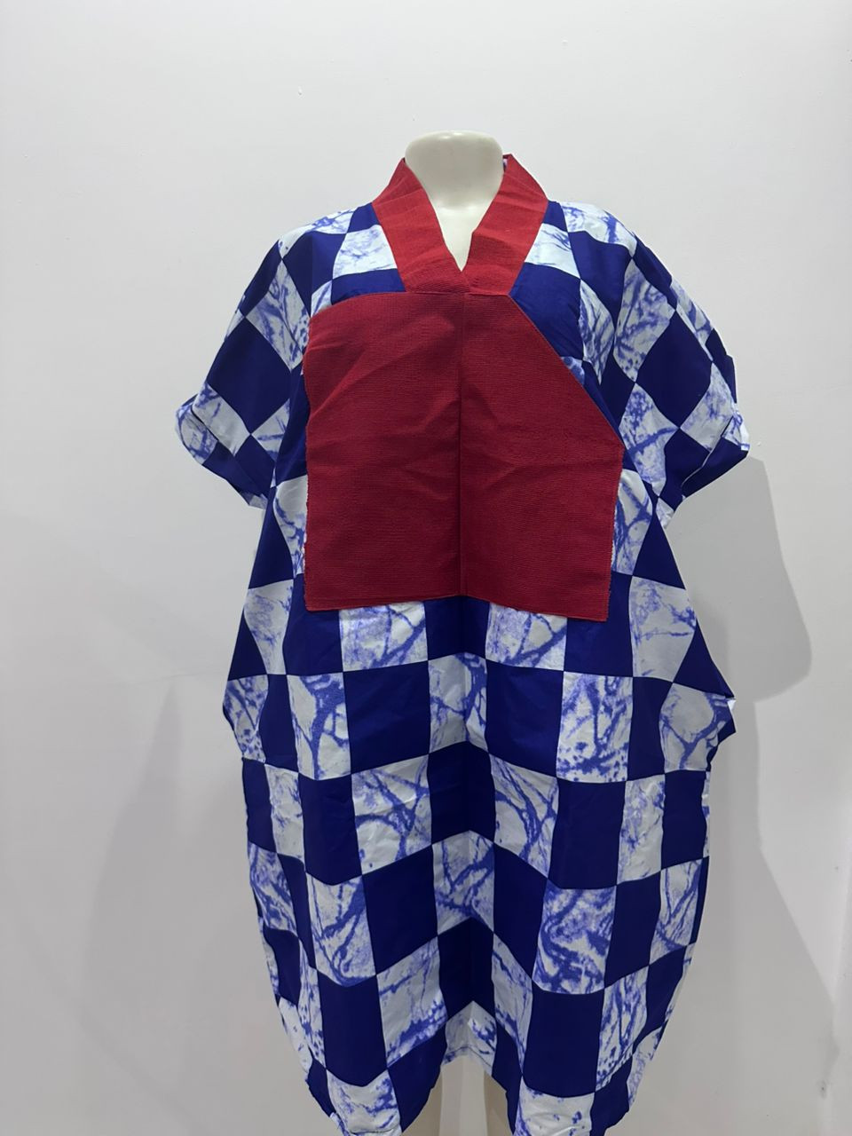 African Print Ankara Kaftan Dress – Blue Check Pattern with Red Bib | Comfortable & Stylish Women’s Wear