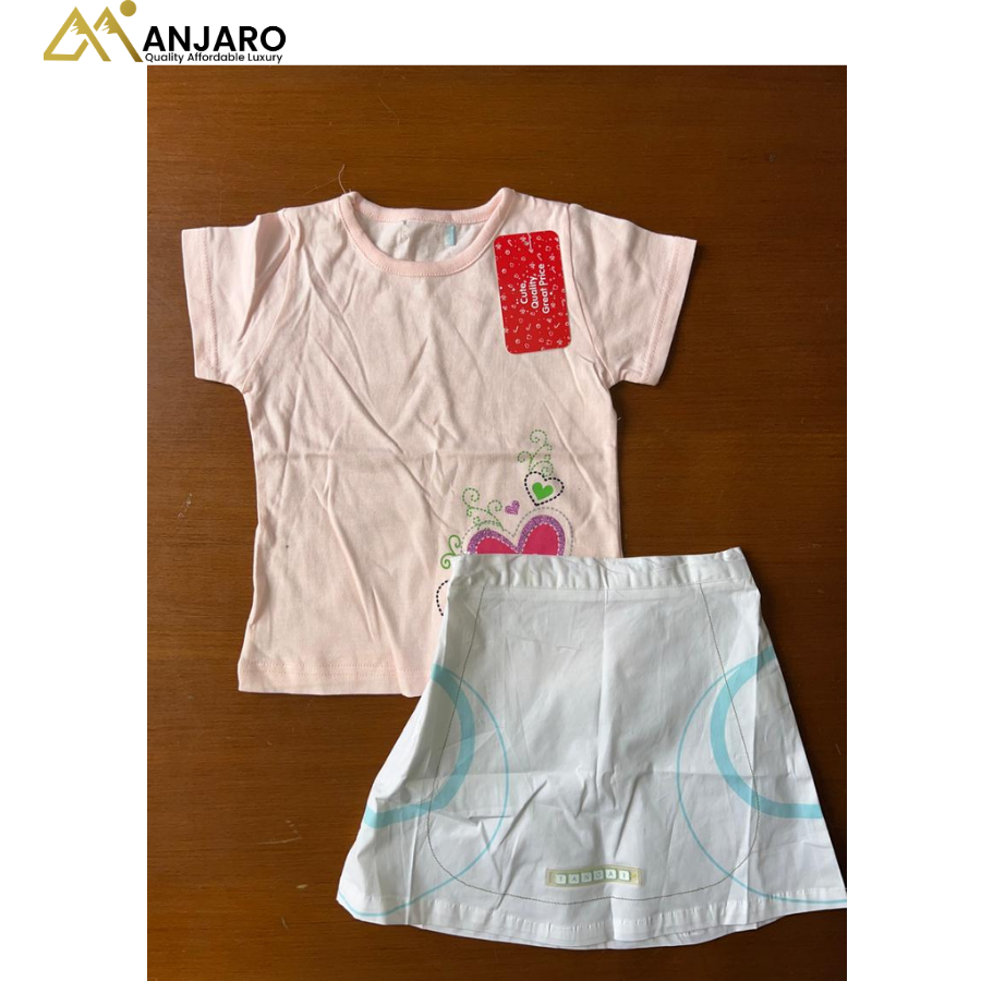 Girls' Pink Heart Graphic Top and White Patterned Skirt – 2-Piece Set